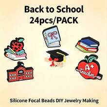 13/24 Stücke/Set Abschluss Silikon Perlen - Buch, Kappe, Schul-Fokus Mix + Abstandshalter Perlen, DIY Schmuck Handwerk für Stift, Schlüsselanhänger, Ausweisband, Unisex Geschenk - Silikon-Fokusperlen - Übersicht 9