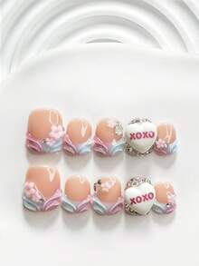 10pcs Dreamy Girl Style Handmade Press-On Nails, Polygel Nail Set, Ditsy Floral, 3D White Heart, Pink And Blue Nail Polish, Sweet Style, Includes Nail Tools, 3 Sizes Available, Square, Short Square, Almond Shape, Suitable For Party, Dancing, Daily Wear - 彩色 - 查看 15