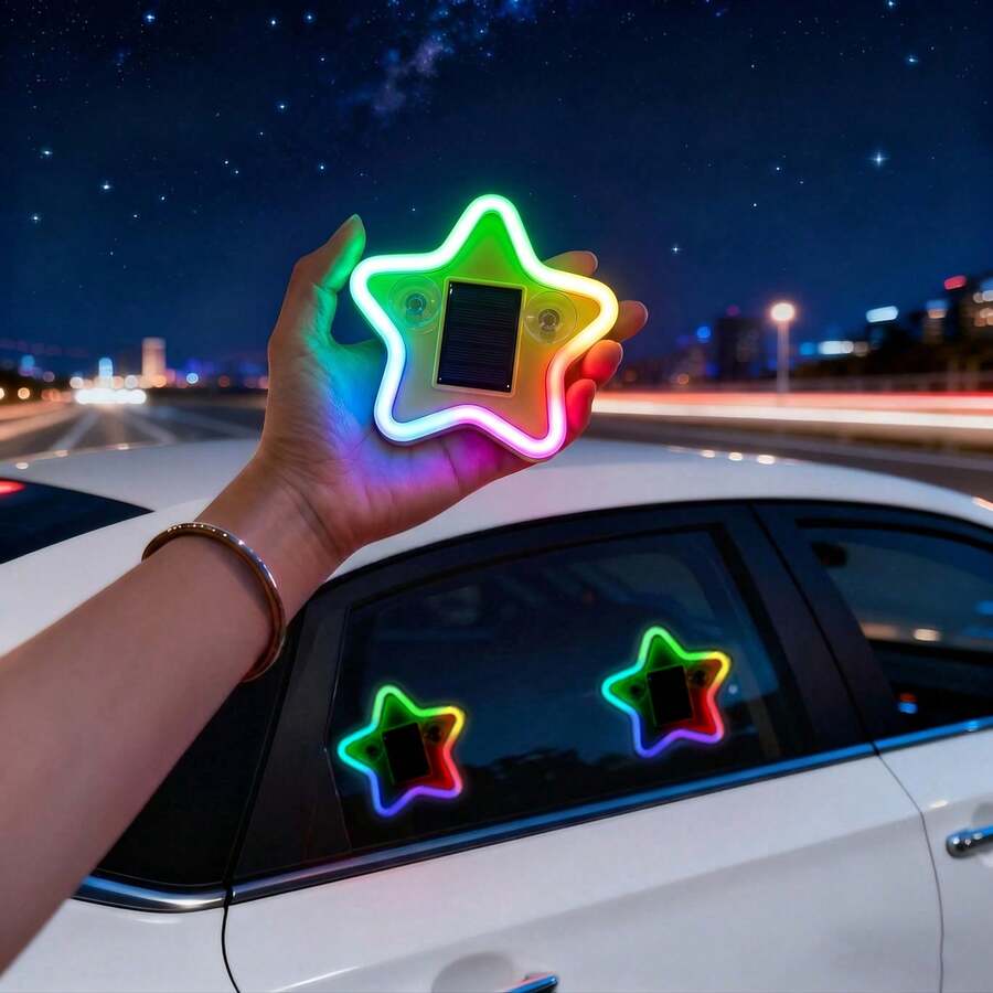 太陽能星星車用 LED 氛圍燈,霓虹發光五角星車窗裝飾燈,3.7V 300mAh 電池供電,適用於汽車後窗、側窗、車內空間及低光環境,低光自動開啟,震動感應燈,免接線簡易安裝,輕巧不佔空間 - 多色 - 查看 1