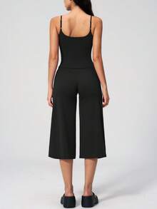 Setelan Atasan Tank Top Camisole Wanita Musim Gugur + Celana Panjang Sedang dengan Kaki Lebar, Desain Tali Bahu yang Dapat Diatur, Pakaian Yoga Hitam, Setelan Dua Potong Pilates Olahraga - Hitam - View 4