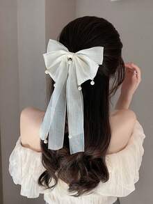 MH 1pc/2pcs Elegant Ribbon Bow Hair Clip Spring Clip Minimalist Mesh Pearl Pendant Hair Accessory Styling Tool,Claw Clips - Multicolor - View 2