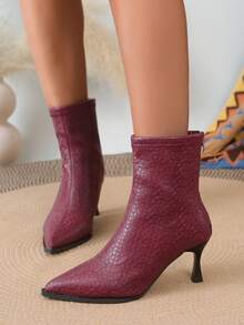 Classic Elegant Women's Thin High Heel Textured Leather Pointed Toe Back Zipper Ankle Boots, Fashionable Casual Versatile Slimming Fashion Boots, Suitable For Vacation, Outdoor Leisure, Sexy - Burgundy - View 5