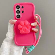 1 pieza Funda de teléfono a prueba de golpes con pata de gato grande de silicona + correa de muñeca trenzada con patrón ondulado compatible con la serie Android [Versión internacional no local] S26ultra/S25/S24/S23s22/S21..... Mt Honor ......... - Rojo rosa - Ver 4