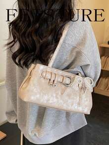 FEISTURE 1pc Strap Decor Vintage Shoulder Bag, PU Material Underarm Bag, Sold With Charm, Suitable For Daily Outings, Dates, Commuting - Khaki - View 4