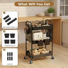 3 Tier Rolling Cart Metal Utility Cart With Wooden Table Top Drawer Hanging Cups Storage Cart For Kitchen Bathroom Office - Black - View 3