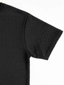 Pure Black Wheat Ear Jacquard Knit Polo Shirt With Half-Zip Collar And Drawstring Straight Leg Pants, Men's Casual 2 Pieces Set - Black - View 7
