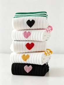 5 Pairs Heart & Striped Pattern Casual Knitted Ribbed Socks, Suitable For Holiday & Daily Wear, All Season - Multicolor - View 6