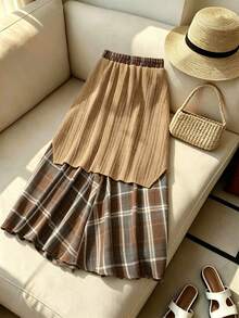 Women's Bohemian Plaid Patchwork Contrast Color Design Skirt, Autumn/Winter Fashion Casual Flare Skirt Summer - Coffee Brown - View 2