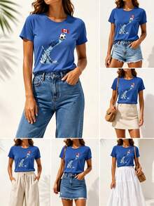 Ladies Summer Top World Cup Maple Legion Printed Round Neck Short Sleeve T-Shirt, Fan Gifts, Vacation, Fitness, Outdoor Activities - Blue - View 3