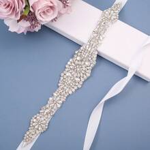 1pc Handmade Rhinestone Bridal Belt Women's Rhinestone Wedding Dress Accessory - Silver Applique + White Ribbons - View 3