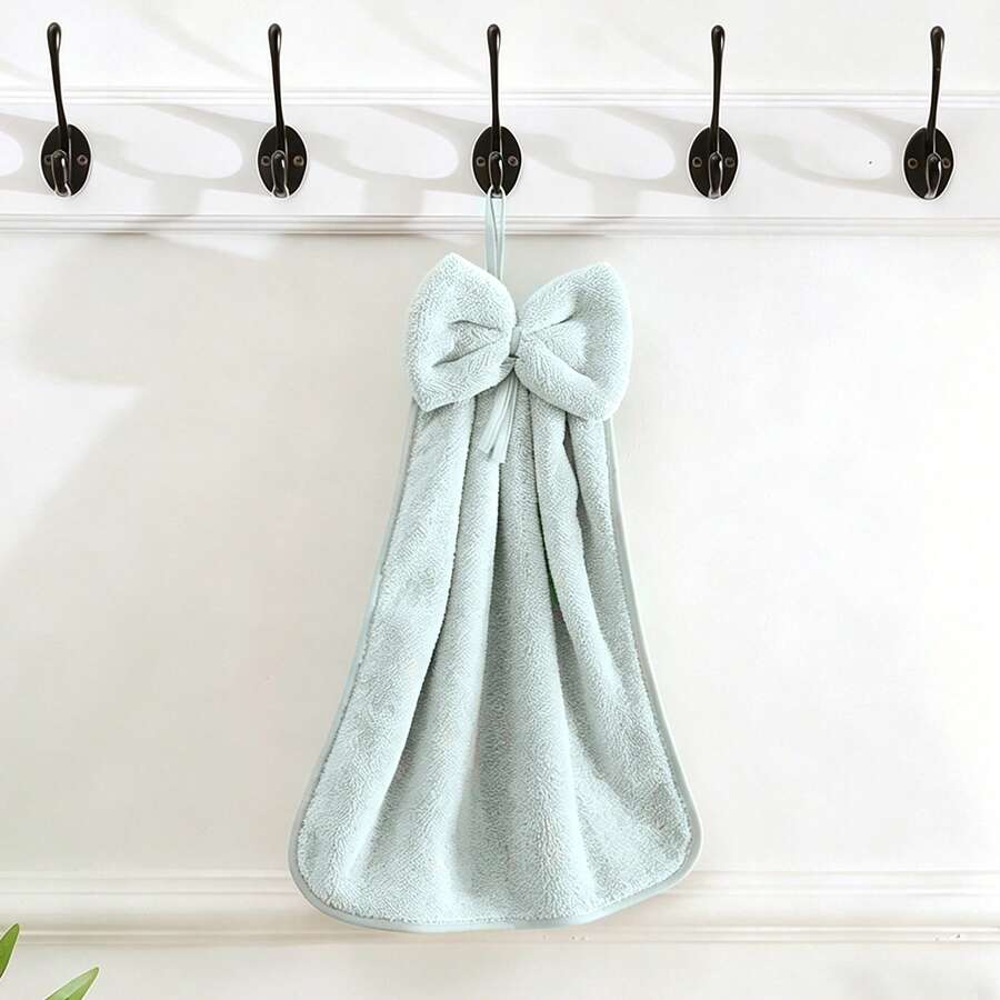 1pc/3pcs/6pcs Coral Fleece Creative Striped Bow Hand Towel, Soft Skin-Friendly, Super Absorbent, Lint-Free, With Hanging Rope, Portable For Hand Drying And Makeup Removal - Mint Green - View 1