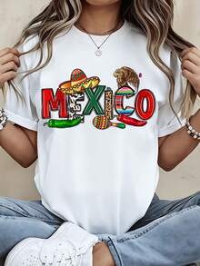 Camiseta de estilo casual con temática mexicana, diseño de sombrero y chile, ideal para el verano. Regalo perfecto para amantes de Estampado de letras - Blanco - Ver 3