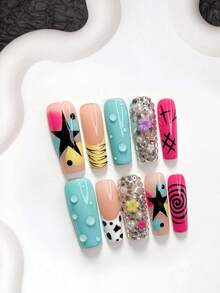 10pcs Y2K Style Handmade Press-On Nails, Polymer Nail Tips Set, Small Flower Rhinestone Decor, Blue And Fuchsia Nail Polish, Sweet & Cool Style, Includes Manicure Tools, 3 Sizes Available, Almond, Duck, Coffin Shape, Suitable For Party, Dance, Daily Wear - Multicolor - View 14