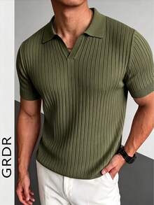 GRDR Men's Summer Airplane Collar Ribbed Solid Color Short Sleeve Knit Sweater, Suitable For Summer Outings, Essential For Fashionable Styling - Army Green - View 5