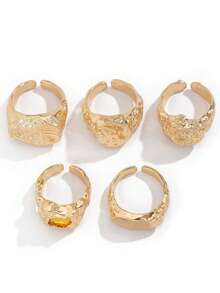 5pcs/Set Unique Niche Design Exaggerated Lava Line Asymmetrical Metal Ring Set, Fashionable Personalized Hip-Hop Style Pleated Metal Stackable Rings, Unisex Jewelry Set For Men And Women - Metal Ring Set - View 3