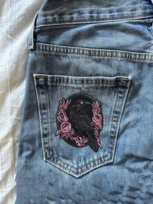 1pc Dark Crow Floral Iron-On Embroidery Patch - Gothic Halloween Embroidered Crow Applique, Suitable For Holes, Clothes, Jeans, Hats, Backpacks, Etc. - A - View 7