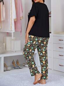 Plus Size Women's Casual Comfortable Short Sleeve Long Pants Pajama Set - Black - View 2