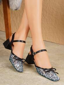 Women's Square Toe Soft Low Vamp Leopard Print Mesh Hollow-Out Closed Toe High Heel Sandals - Black - View 3