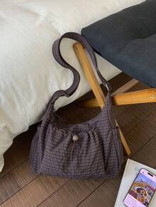 Nuevo Bolso de Hombro Plisado con Cordón y Diseño a Cuadros, Bolso Bandolera para Mujer - Verde - Ver 1