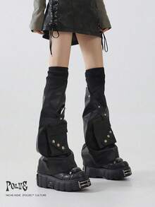 polve 1 Pair Y2K Subculture Style Black Leather Patchwork Ribbed Leg Warmers With 3D Pockets, Slimming Leg Covers - Black Rivets - View 3