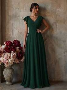 Deep Green V-Neck Flutter Sleeve Chiffon Maxi Bridesmaid Dress, Criss-Cross Twisted Waist Flared Skirt, Elegant Style For Spring Summer Fall Wedding - Dark Green - View 3