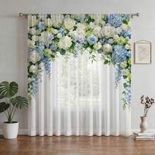 NOSBEI 1PC Light Blue White Hydrangea Rose Print Rod Pocket Curtain, Semi-Sheer Light Filtering Window Drape, Elegant Floral Arrangement For Bedroom Living Room Decor - Multicolor - View 12