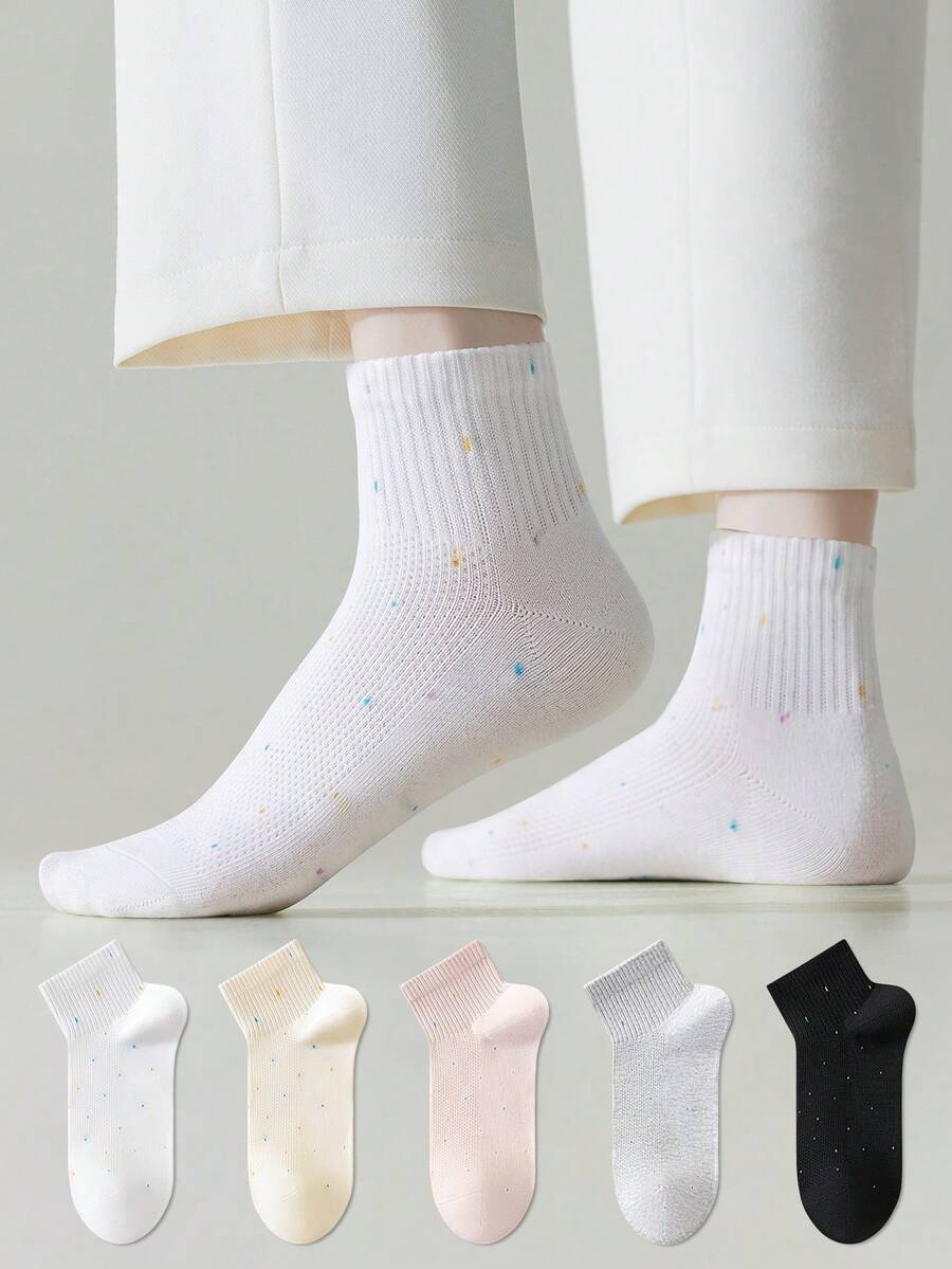 ZUJO 5 Pairs Women's Colorful Polka Dot Short Socks, Skin-Friendly Soft Breathable, Suitable For Spring Autumn Summer Daily Wear, Random Color - Multicolor - View 1