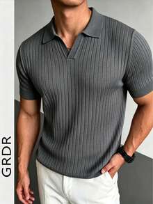 GRDR Men's Summer Airplane Collar Ribbed Solid Color Short Sleeve Knit Sweater, Suitable For Summer Outings, Essential For Fashionable Styling - Dark Grey - View 5