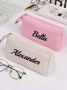 Estuche de lápices de unicolor con nombre personalizado impreso, bolsa de lápices portátil con nombre personalizado, bolsa de papelería de varios compartimentos de color macaron, adecuada para estudiantes para uso diario de vuelta a la escuela - Multicolor - Ver 4