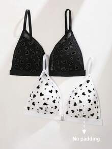 2pcs Heart Print Front Closure Bra, Deep V Push-Up Wireless Romantic Spaghetti Strap Women's Lingerie - Multicolor - View 7