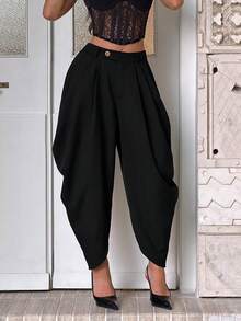 Black High Waist Pleated Harem Pants, Irregular Ruched Ankle Length Loose Trousers Women Hip Covering Casual Streetwear - Black - View 4
