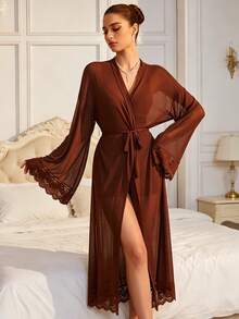 QING ROU 1pc Sexy Sheer Solid Color Mesh Lace Patchwork Robe, Morning Robe For Valentine's Day, Wedding Bride, Bridesmaid, Vacation, Party, Suitable For Home Wear - Brown - View 1