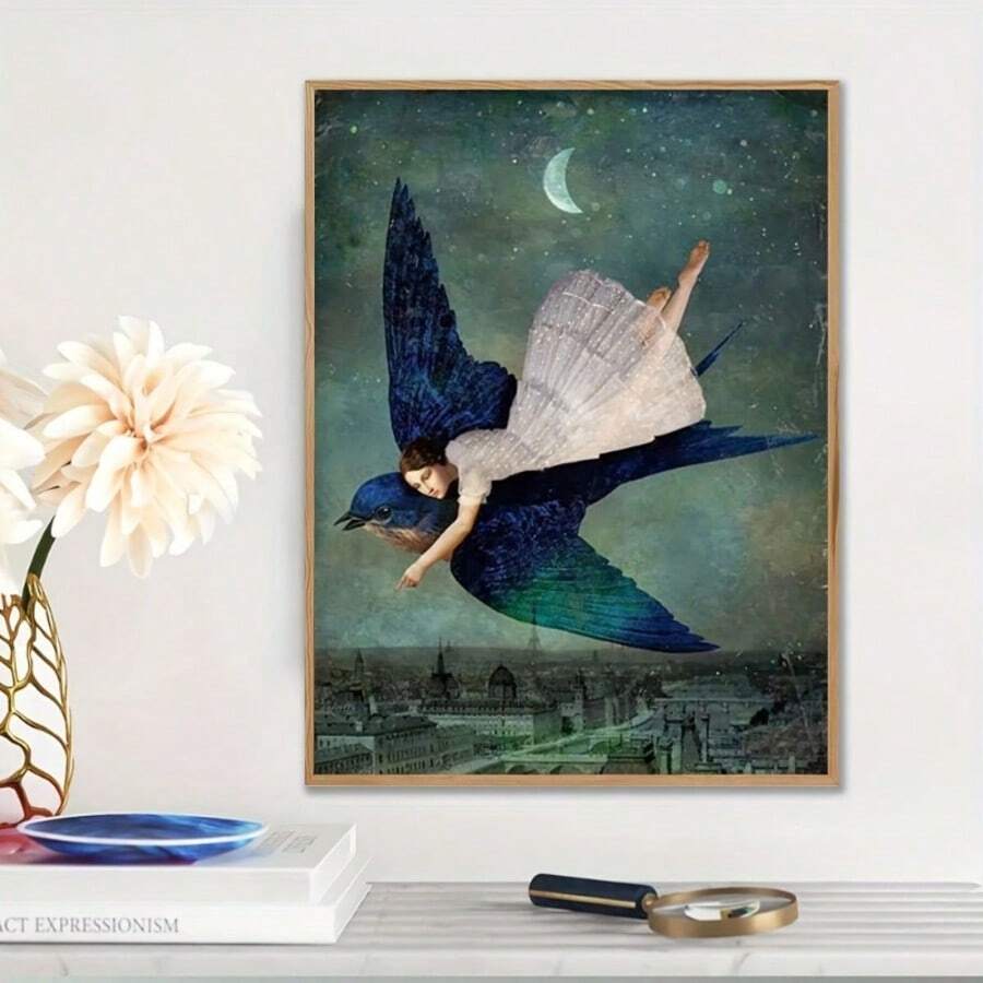 1pc Waterproof Frameless Ar,Modern Abstract Bluebird And Girl Canvas Poster-Woven Fabric Canvas Wall Art Prints, Kitchen Decor, Living Room Wall Art, Wall Prints, House Decor, Room Stuff, Vintage Decor - Cartoon - View 1