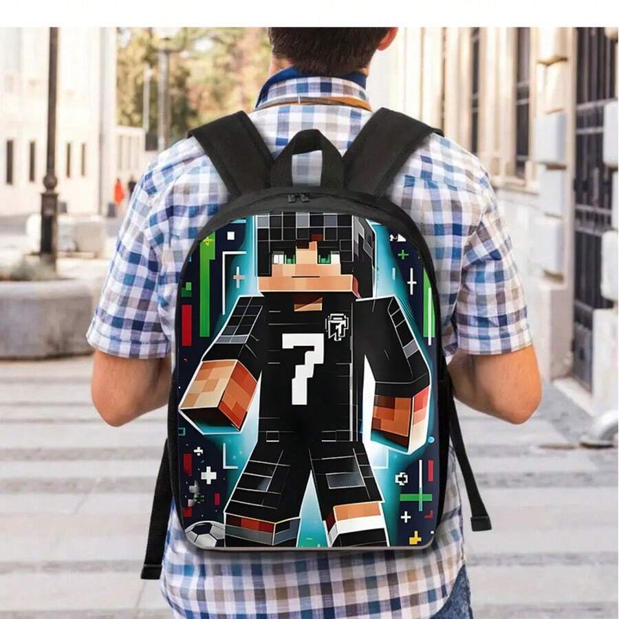 Pixel Art Soccer Player Backpack - Gamer Style School Bag For Boys, Minecrafts Inspired Sports Bookbag For Teens - B - View 1
