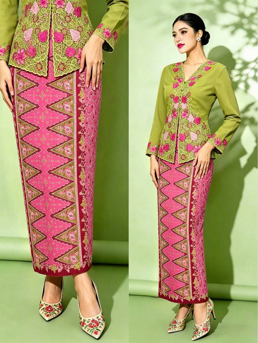 1件女款 Nyonya Kebaya 印花優雅長裙,春/夏 - 紅色 - 查看 1