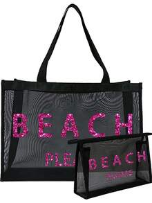 大容量网眼沙滩包套装，“BEACH PLESE”图案网眼袋，金色亮片字母，化妆包，镂空网眼沙滩手提包，网眼化妆收纳袋，可折叠大容量游泳包，字母装饰网眼沙滩手提包 - 彩色 - 查看 17