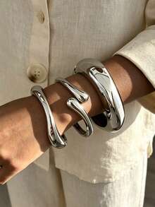 3pcs Fashion Minimalist Elegant Exquisite Vintage Design Geometric Ribbon Wave Water Drop Asymmetrical Shape Metallic Polished Minimalist Plain Band Exaggerated Wide Chunky Bangle Set For Holiday Vacation Party Date Gift Daily Commute Wear Personalized - Silver - View 2