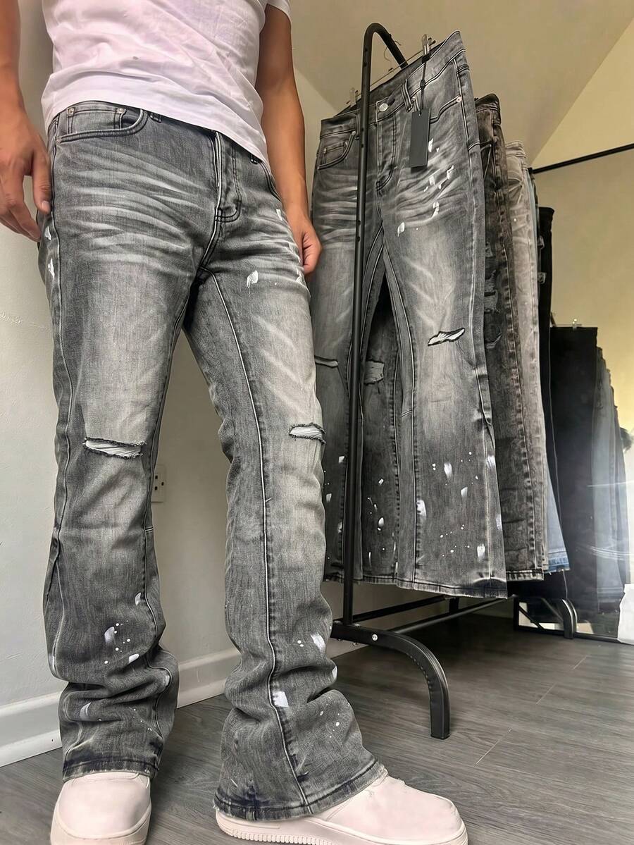 Embroidered Flare Jeans, Letter Embroidered Men's Slim Fit Flare Jeans, Ripped Flare Jeans With Patches, Y2K Stacked Jeans, Contrast Washed Embroidered Jeans, Suitable For All Seasons