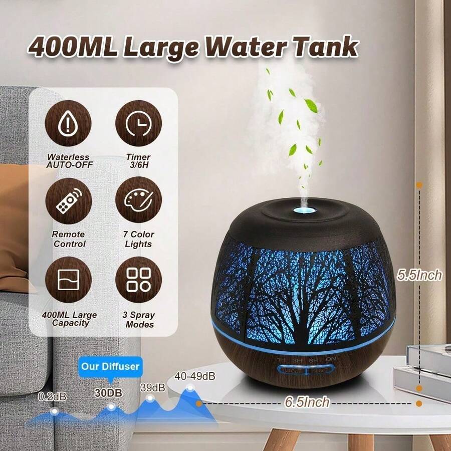 Roonbo Diffusers for Essential Oils Large Room 400ml,Essential Oil Diffuser for Home with R/C,Cool Mist Humidifiers for Bedroom,7 Colors Changed & 3 Mist Mode Waterless Auto Off for Office - Kein Nebel - Übersicht 1