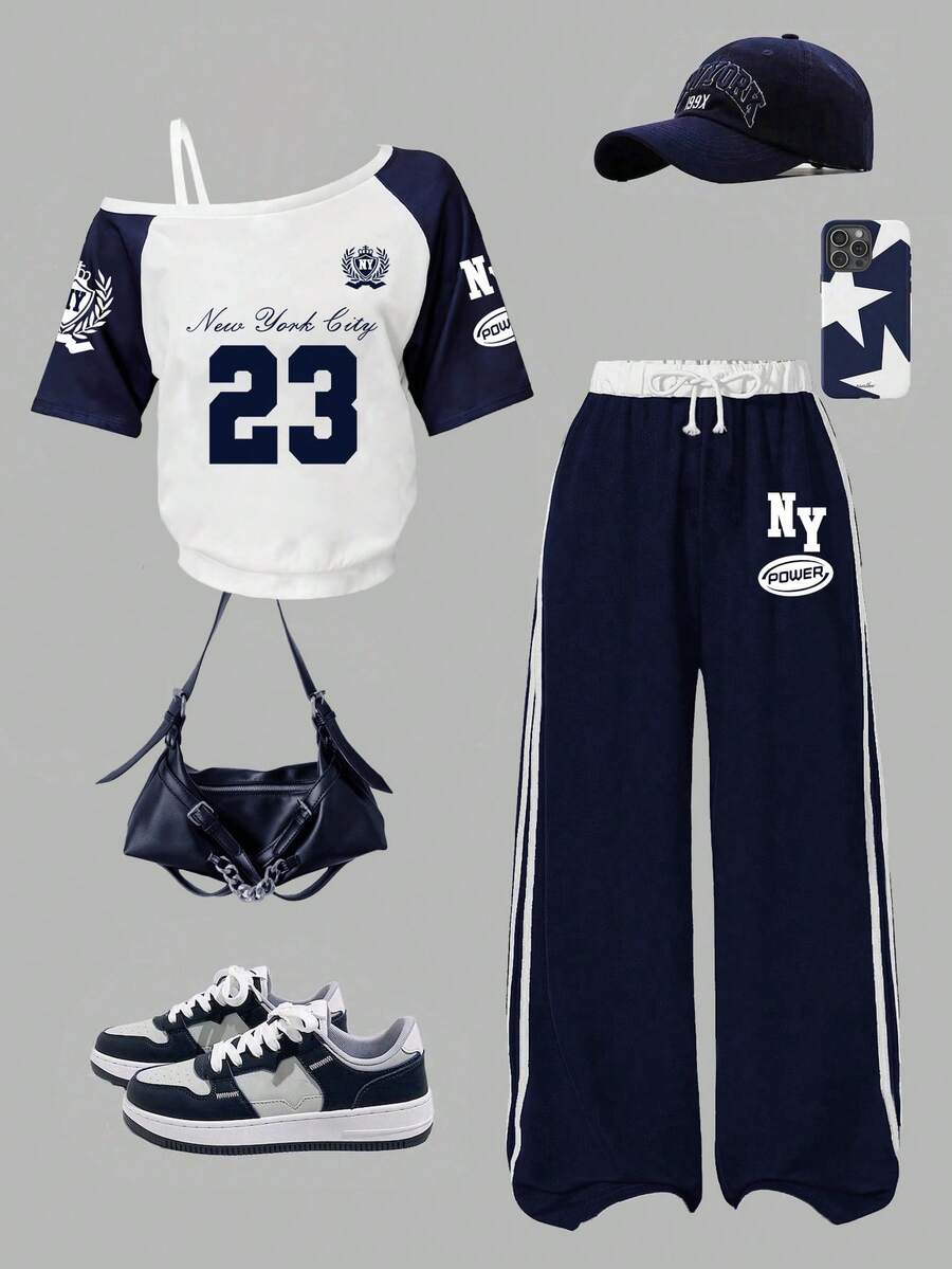 Youth Girl Numeric Print Oblique Shoulder Short Sleeve Top And Pants Set - Royal Blue - View 1