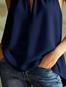 Women's Solid Color Deep V-Neck Fashion Casual Halter Top Summer - Navy Blue - View 3