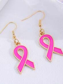 1 Pair Fashionable Elegant Ribbon Heart Pink Earrings, Women's Earrings, Accessories Caring For Women's Health Breast Cancer Prevention Activity Commemorative Gift Jewelry, Suitable For Daily Wear, Gift For Family And Friends - Pink - View 2