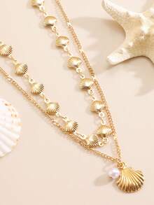 1 Set Elegant Personalized Bohemian Ocean Style Women's Necklace Set, Multi-Layer Stackable Adjustable Chain, Faux Pearl Shell Pendant Necklace, Suitable For Summer Travel Beach Vacation, Commemorative Gift For Friends, Family, Couples, Women, Jewelry Accessories - Gold 2 - View 3