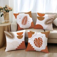 4 pièces Housses de coussin orange et marron avec motif de feuilles botaniques géométriques, imprimées sur un seul côté en velours de peau de pêche doux pour la peau, housses de coussin 45*45CM convenant pour la décoration intérieure, la décoration de fête, les housses de coussin décoratives en cadeau - Multicolore - Voir 6