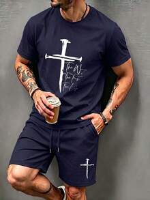 Men's Solid Color Breathable Short Sleeve T-Shirt And Shorts Casual Set - Navy Blue - View 1