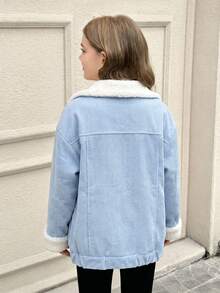 Girls' Casual Fashion Light Blue Drop Shoulder Teddy Fleece Lined Long Sleeve Jacket, Autumn/Winter - Baby Blue - View 5