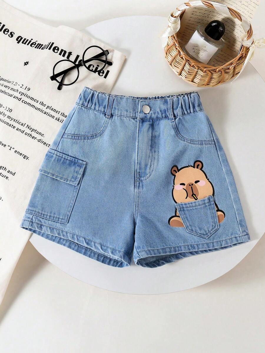 1pc Girls' Outdoor Casual Cute Sweet Denim Shorts With Pockets, Fashionable Capybara Print Design - Light Wash - View 1