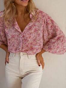 Áo sơ mi nữ dài tay in họa tiết, cài cúc phía trước, chất liệu polyester, có cổ và tay áo kiểu tay phồng, dáng suông, hơi mỏng, màu hồng nhạt, thích hợp cho kỳ nghỉ xuân. - Hồng - Xem 6