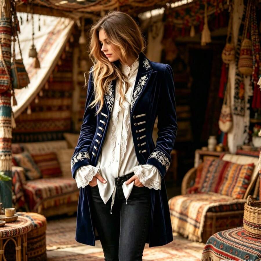 2026 Women's Autumn/Winter Long-Sleeved Patchwork Lace Velvet Mid-Length Coat, Slim Fit, Stylish Blazer - Navy Blue - View 1