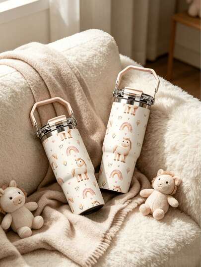 1pc/5pcs 30oz Cute Watercolor Pony Rainbow Print Tumbler, Vacuum Insulated Stainless Steel Water Mug With Portable Carry Handle & Leakproof Lid, Lovely Kawaii Animal Pattern, Ideal For Iced Coffee, Cold Brew & Daily Outdoor Use.